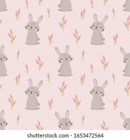 Cute rabbit and sweet flower seamless pattern. Cute bunny concept.