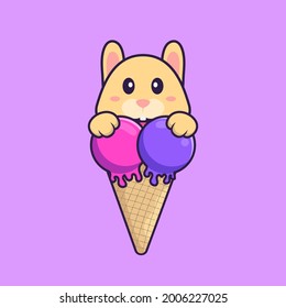 Cute rabbit with sweet ice cream. Animal cartoon concept isolated. Can used for t-shirt, greeting card, invitation card or mascot.