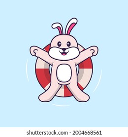 Cute rabbit is Swimming with a buoy. Animal cartoon concept isolated. Can used for t-shirt, greeting card, invitation card or mascot.
