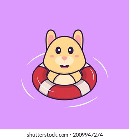 Cute rabbit is Swimming with a buoy. Animal cartoon concept isolated. Can used for t-shirt, greeting card, invitation card or mascot.