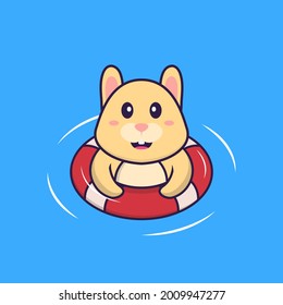 Cute rabbit is Swimming with a buoy. Animal cartoon concept isolated. Can used for t-shirt, greeting card, invitation card or mascot.