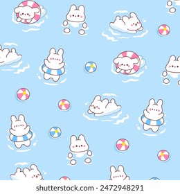 Cute rabbit swimming doodle seamless summer pattern