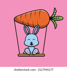 Cute Rabbit Swing On Carrot Cartoon Vector Icon Illustration. Animal Nature Icon Concept Isolated Premium Vector. Flat Cartoon Style