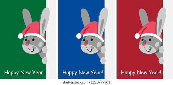 A cute rabbit, a symbol of 2023, in a Santa hat peeks out and smiles, on a green, blue and red background, inscription of a happy new year!