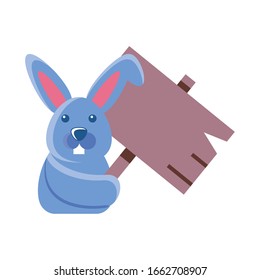 cute rabbit with tag wooden on white background vector illustration design