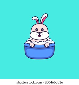 Conejo lindo bañándose en la bañera. El concepto de caricatura animal aislado. Puede usarse para camisetas, tarjetas de felicitación, tarjetas de invitación o mascota.