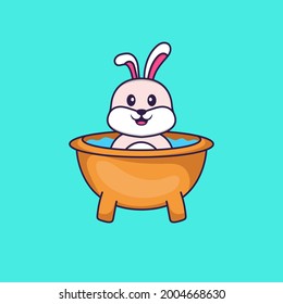 Conejo lindo bañándose en la bañera. El concepto de caricatura animal aislado. Puede usarse para camisetas, tarjetas de felicitación, tarjetas de invitación o mascota.