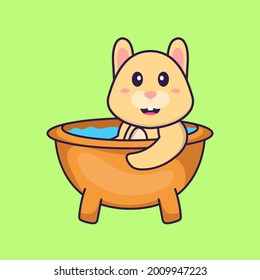 Cute rabbit taking a bath in the bathtub. Animal cartoon concept isolated. Can used for t-shirt, greeting card, invitation card or mascot.