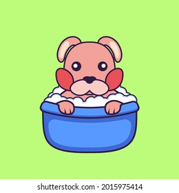 Cute rabbit taking a bath in the bathtub.