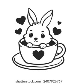 Cute rabbit in tea coffee cup. Cute, funny animal pet character for Valentines day concept. Linear vector black and white illustration