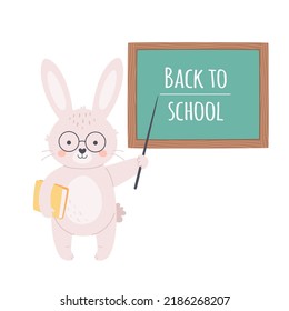 Cute Rabbit Teacher Standing Near School Board. Back To School. Animals At School. Hand Drawn Vector Illustration