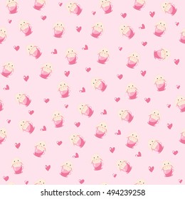 cute rabbit in teacup and hearts illustration, seamless pattern on pink background