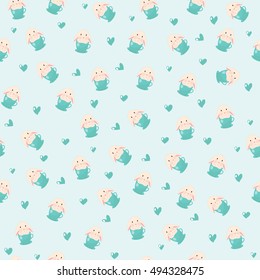 cute rabbit in teacup and hearts illustration, seamless pattern on blue background