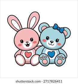 Conejo lindo y oso de peluche juguetes de felpa regalo de San Valentín Ilustración vectorial aislada sobre fondo blanco