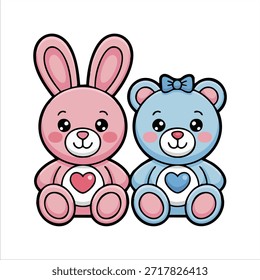 Conejo lindo y oso de peluche juguetes de felpa regalo de San Valentín Ilustración vectorial aislada sobre fondo blanco