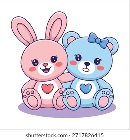 Conejo lindo y oso de peluche juguetes de felpa regalo de San Valentín Ilustración vectorial aislada sobre fondo blanco