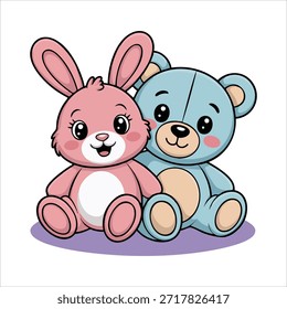Conejo lindo y oso de peluche juguetes de felpa regalo de San Valentín Ilustración vectorial aislada sobre fondo blanco