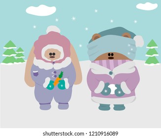 Cute rabbit and teddy bear in winter clothes, against the background of snow and pine forest.