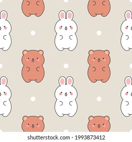 Cute rabbit and teddy bears pattern, seamless background, hand drawn cartoon with heart, vector illustration