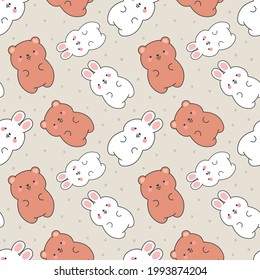 Cute rabbit and teddy bears pattern, seamless background, hand drawn cartoon with heart, vector illustration