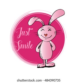 Cute rabbit with text " Just Smile ". Doodle style.