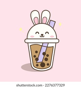 Cute Rabbit Thai Tea Cup Vector Illustration
