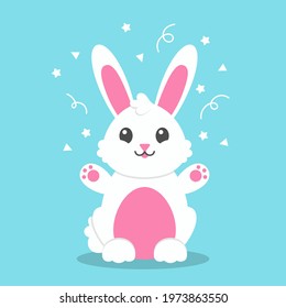 Cute rabbit throws confetti. Colored flat vector illustration isolated on blue background. Cartoon character.