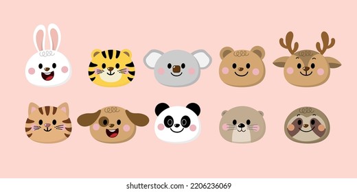 Conejo, tigre, koala, oso, ciervo, gato, perro, panda, nutria y cabeza perezosa. Cara de animales salvajes y dibujos animados de mascotas. -Vector.