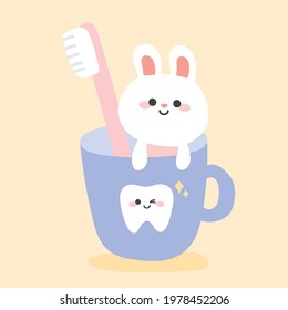 Cute rabbit with toothbrush in cup on yellow background.Animal character design.Teeth.Cartoon character design.Kid graphic.Art.Image.Dental.Isolated.Vector.Illustration.