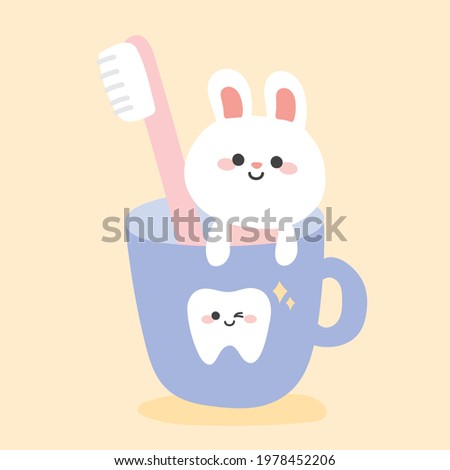 Cute rabbit with toothbrush in cup on yellow background.Animal character design.Teeth.Cartoon character design.Kid graphic.Art.Image.Dental.Isolated.Vector.Illustration.