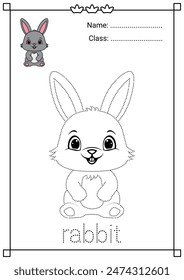 Cute Rabbit Tracing and Coloring Worksheet for Kids