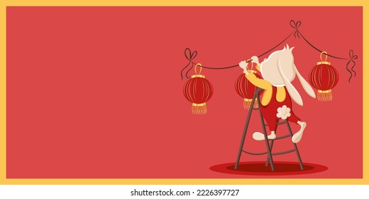 Cute rabbit in traditional clothes decorates home with lanterns garland. Chinese New Year, Spring and Lantern Festival. Horizontal red and gold banner with copy space in cartoon doodle style.