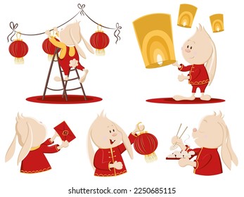 Cute rabbit in traditional clothes decorates home with lanterns, garland. Chinese New Year, Spring and Lantern Festival. Vecor illustration set in cartoon doodle style.