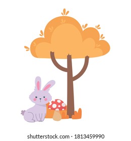 cute rabbit tree mushroom bush autumn season isolated icon style vector illustration