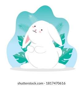 cute rabbit and tropical leaves vector illustration design