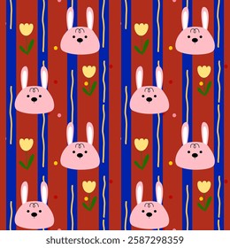 Cute rabbit, tulips on red background, blue lines, fabric pattern, gift wrapping paper , seamless pattern 