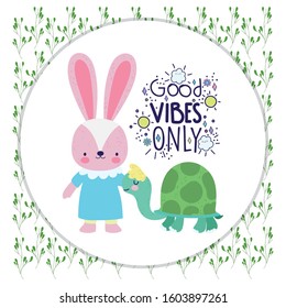 cute rabbit and turtle cartoon good vibes only card vector illustration