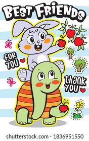 Cute rabbit and turtle cartoon ustration for t shirt