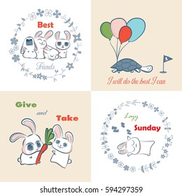 Cute rabbit and turtle doodle hand drawing vector illustration