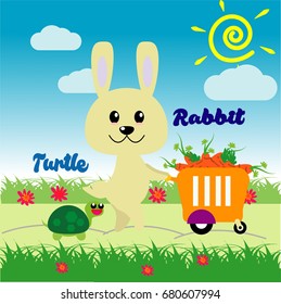 Cute rabbit and turtle take a bucket with carrot and big sun in sky, vector illustration for kids and shirt printing