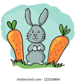 cute rabbit with two carrots