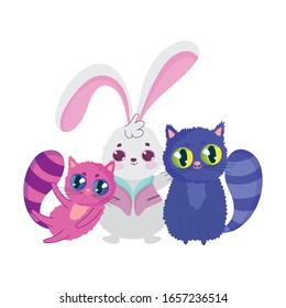 conejo lindo y dos gatos caricatura diseño ilustración vectorial