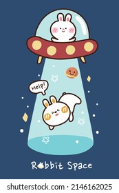 Cute rabbit ufo spaceship hand drawn banner. Ufo abducting a rabbit say help doodle design. Kawaii cartoon space, planet, star background. Vector. Illustration