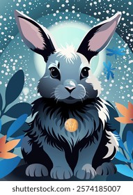 Cute rabbit under the moon on the blue background