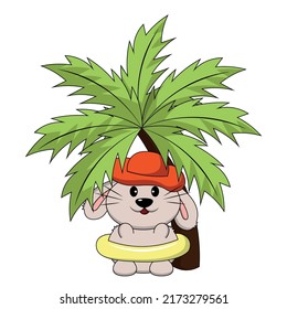 Cute Rabbit under the palm tree. Draw illustration in color
