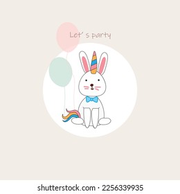 Cute rabbit unicorn cartoon vector illustration for festival  party decoration, cute card,kid design, art print.
