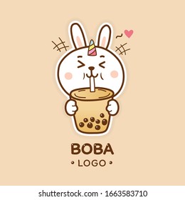 cute rabbit unicorn drinking bubble tea boba logo cartoon hand draw