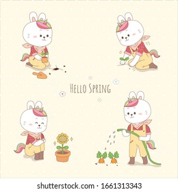 cute rabbit unicorn gardening for spring Happy Easter day