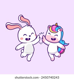 Cute Rabbit And Unicorn High Five Cartoon Vector Icon Illustration. Animal Nature Icon Concept Isolated Premium Vector. Flat Cartoon Style