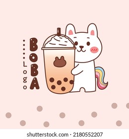 cute rabbit unicorn holding Boba milk tea. cartoon logo.